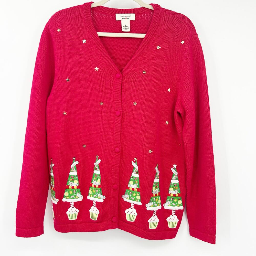 Bechamel Womens VTG Vintage Christmas Tree Ugly Christmas Cardigan Sweater L